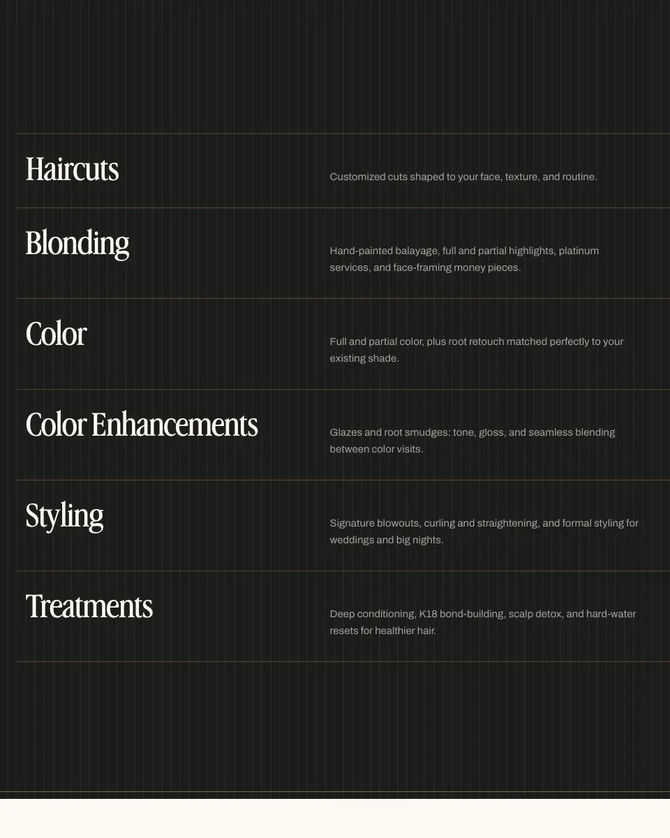 The services menu on the homepage: white serif names on black, ruled in brass