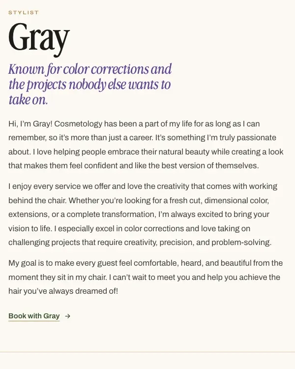 A stylist’s name on the team page with a wisteria italic line beneath it