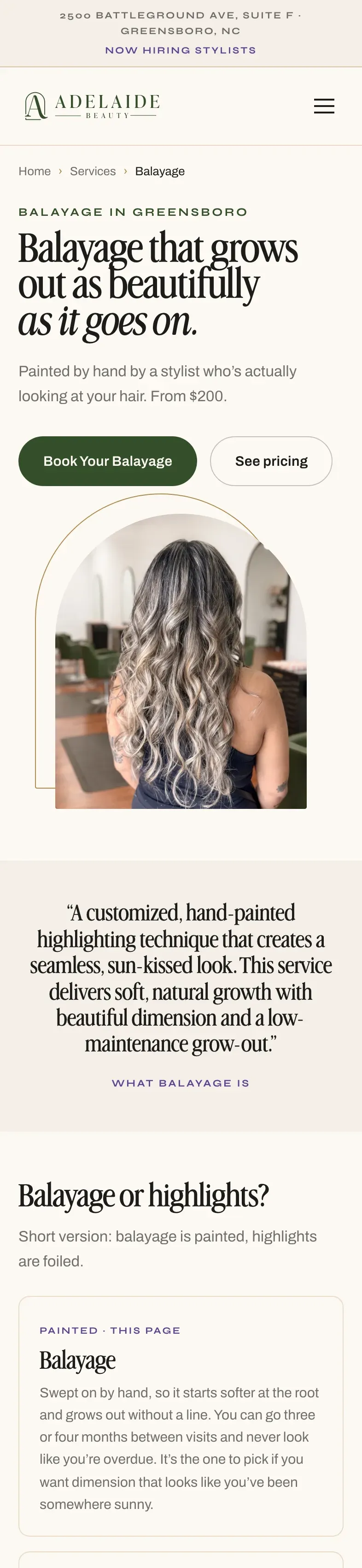 The balayage page on a phone