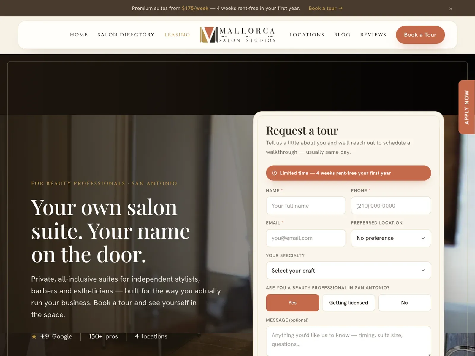 The new leasing page, with the form above the fold