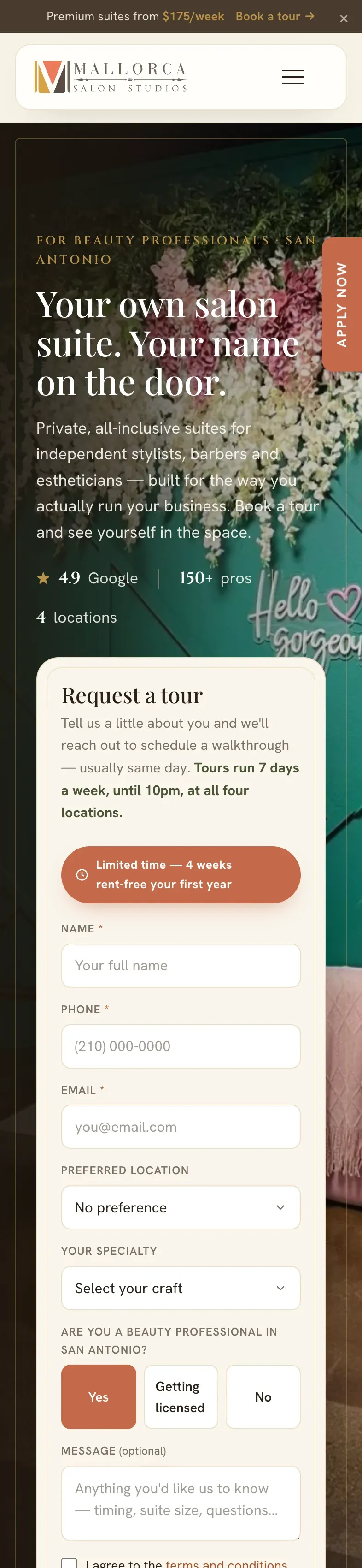 The leasing page on a phone