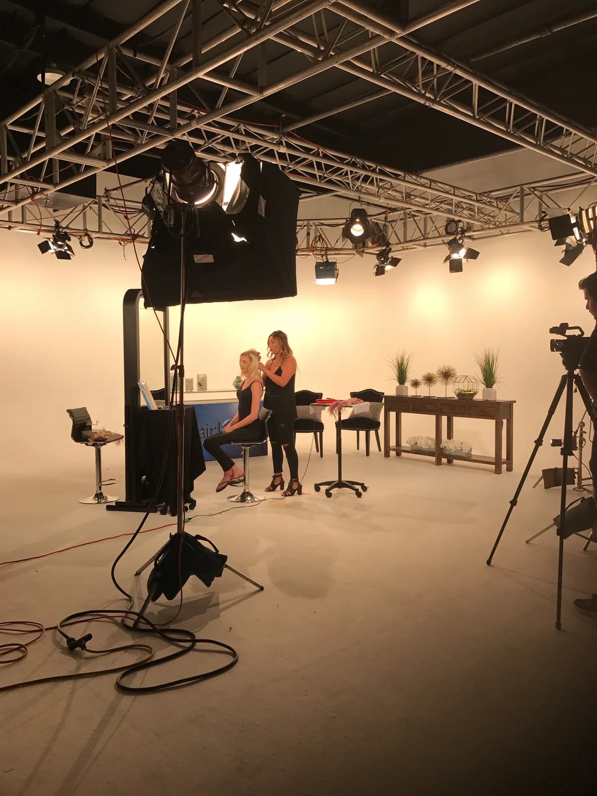 Lighting rigs and truss on a hair extension photo shoot set
