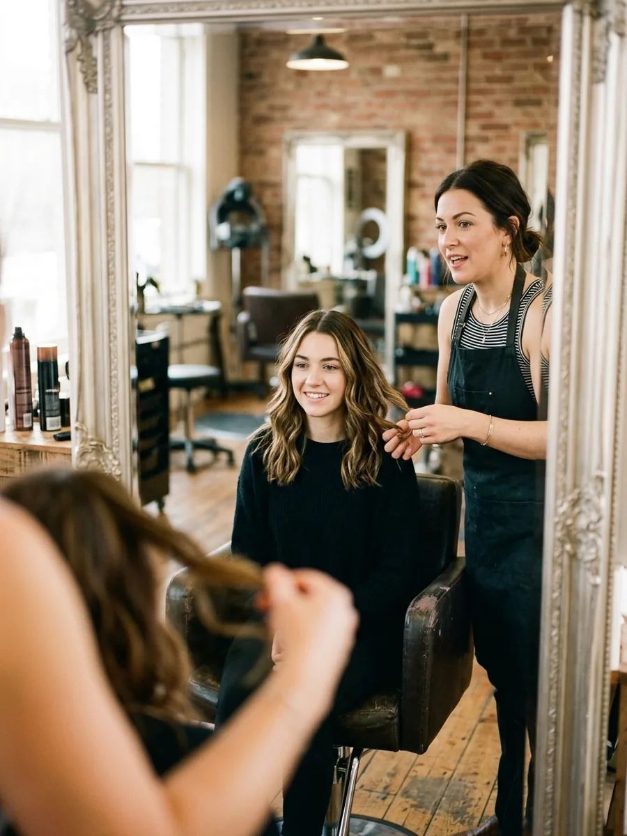 A stylist consulting with a client in the salon chair