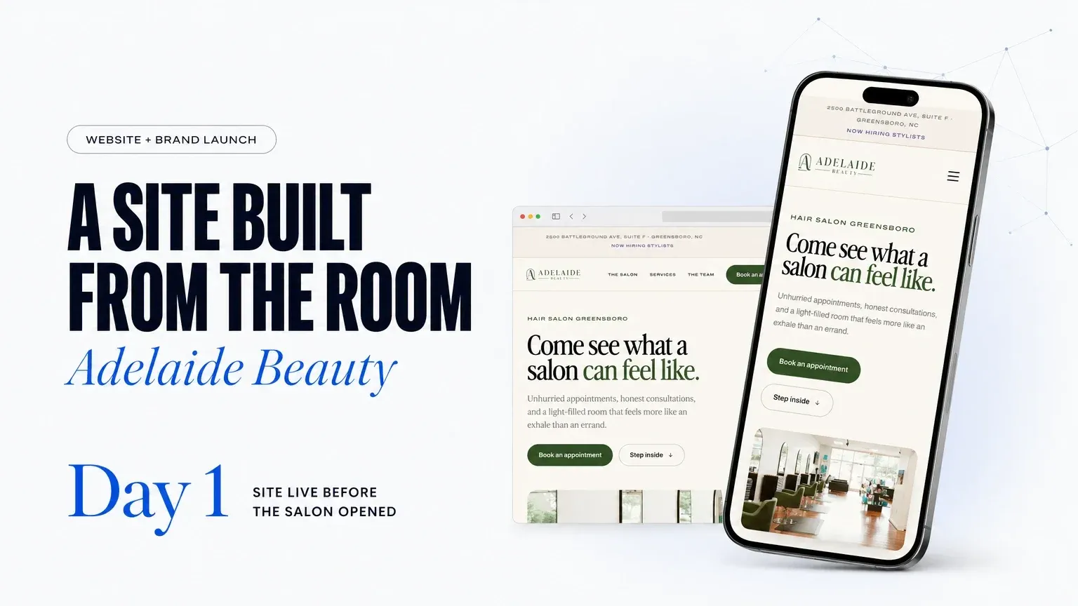 Adelaide Beauty's new website on a phone and a laptop browser, beside the headline A site built from the room
