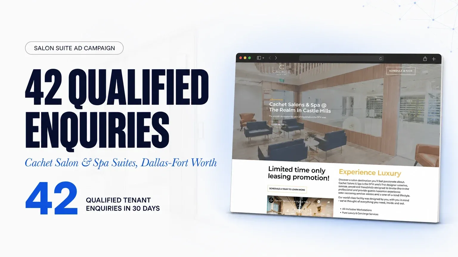 Cachet Salon & Spa Suites, Dallas–Fort Worth case-study card showing their website, headline “42 QUALIFIED ENQUIRIES”. 42 QUALIFIED TENANT ENQUIRIES IN 30 DAYS