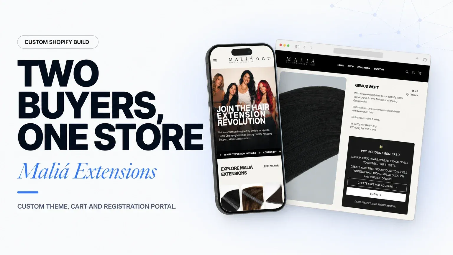 Maliá Extensions case-study card showing their Shopify store on a phone and a browser window, headline “TWO BUYERS, ONE STORE”. CUSTOM THEME, CART AND REGISTRATION PORTAL