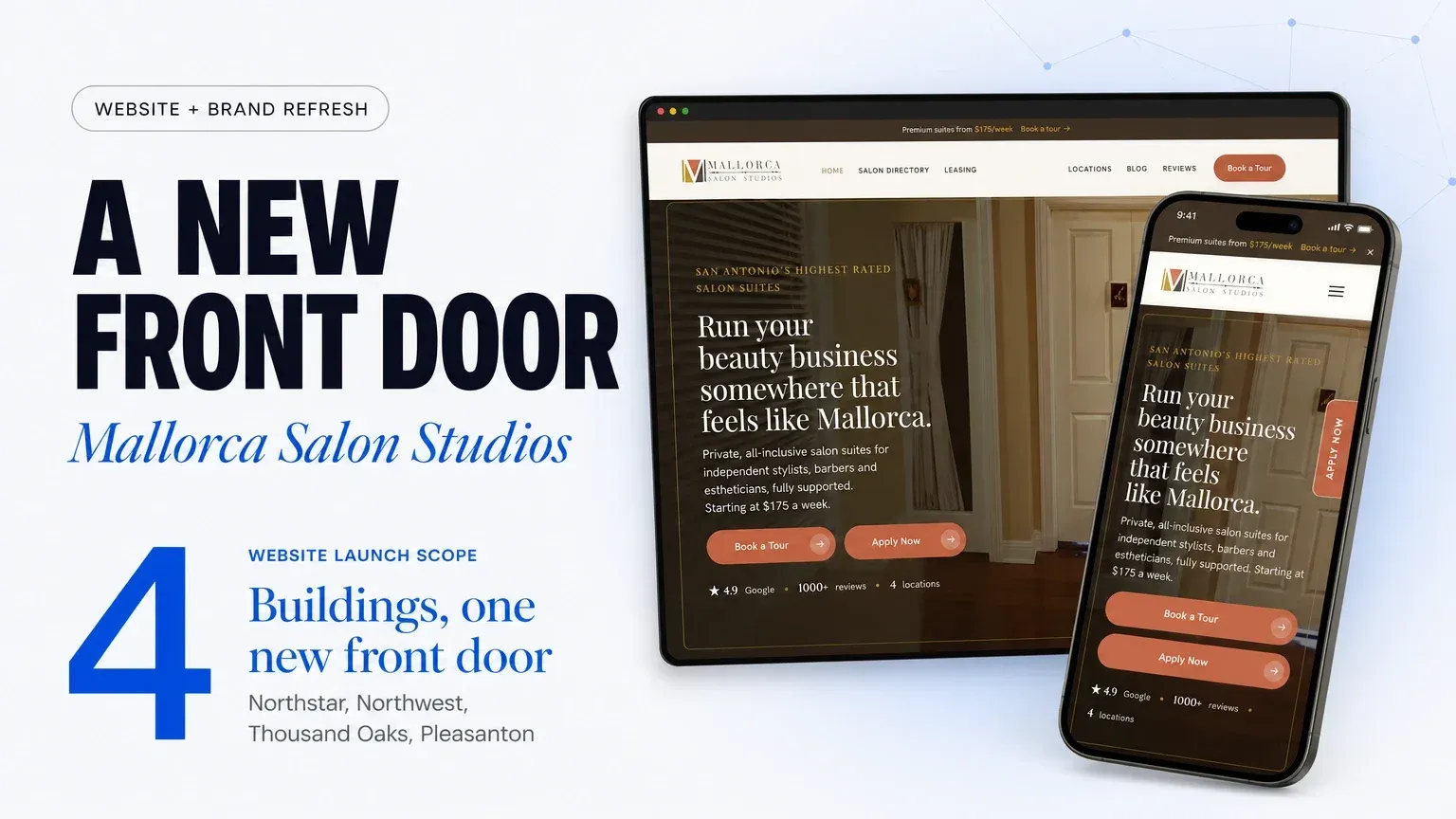 Mallorca Salon Studios’ rebuilt website on a phone and a browser window, beside the headline