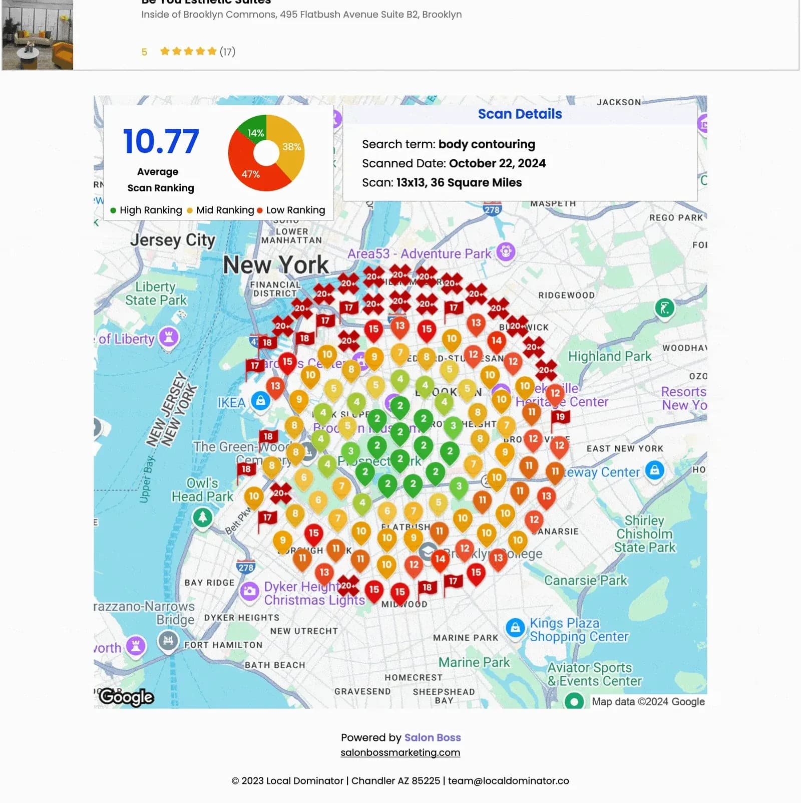 A Brooklyn map scan for body contouring, 13 by 13 grid