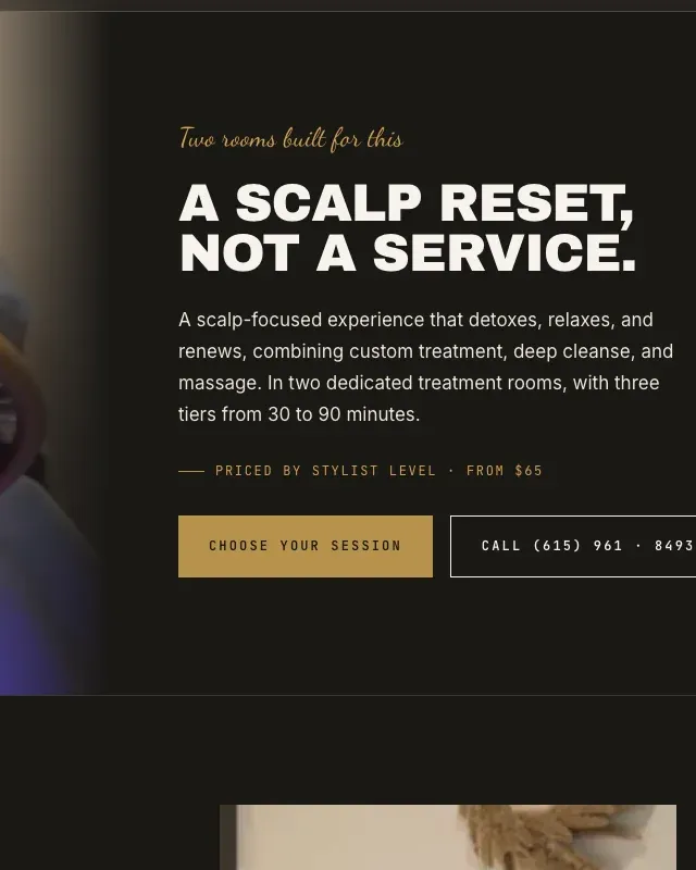 The head-spa page hero with its brass rule and brass button
