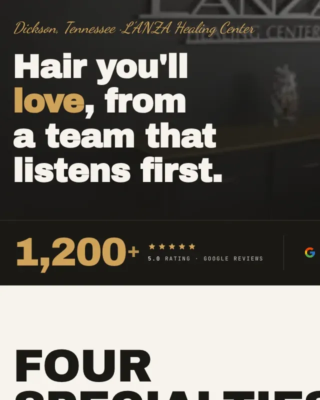 The homepage hero: a script eyebrow above ‘Hair you’ll love, from a team that listens first’