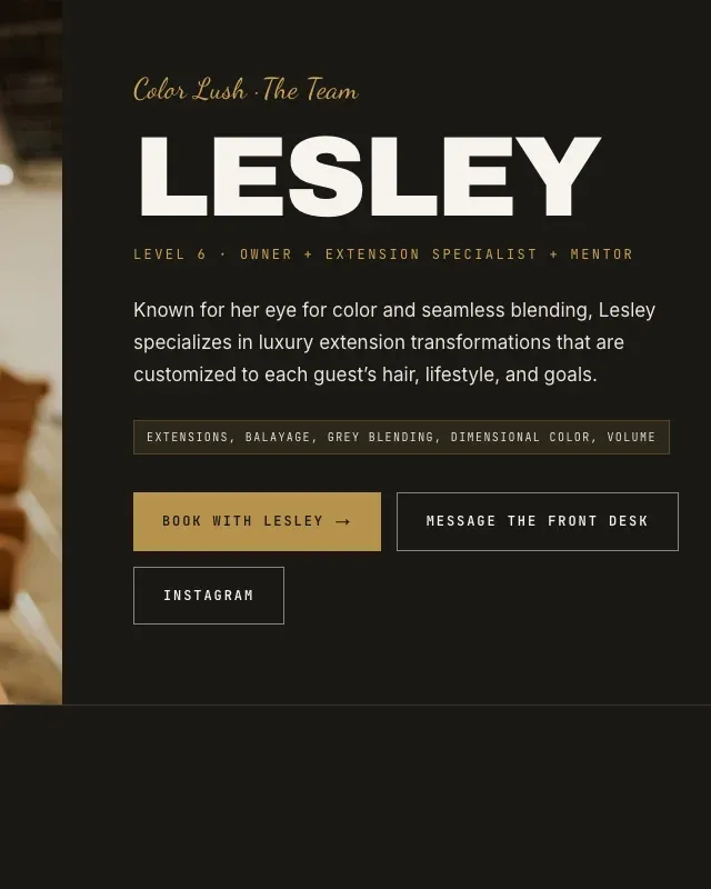 Lesley’s team page: her name in display type, her level, her bio and a book button