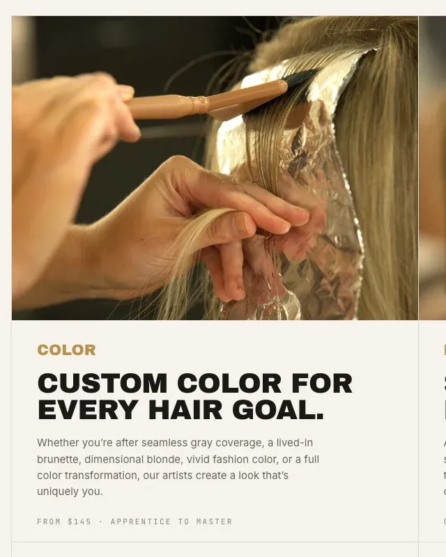 The ‘Four specialties’ section on a bone ground with the salon’s own foil photograph