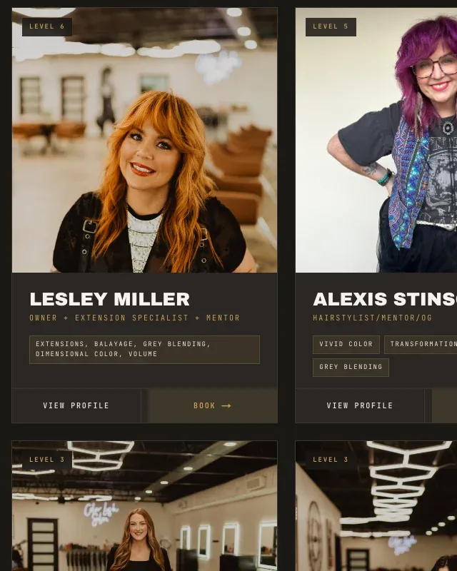 Team cards with level tags, specialties and book buttons